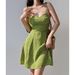Women's Clothing Girl Shoulder Tie Green Print Suspender Dress Summer Waist Slimming A Line Skirt_ecoleips.com