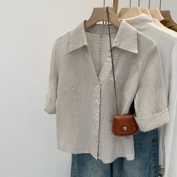 European-style French Linen Mid-sleeve Shirt For Women, 2025 Summer New Model, Light Luxury With A High-end Feel, Unique_ecoleips.com