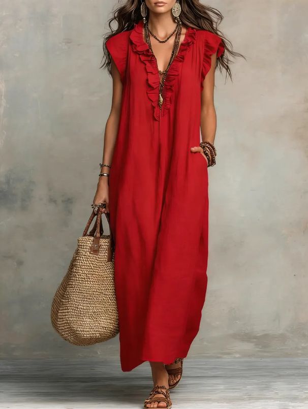 Bohemian Flutter Sleeve Maxi Dress With V-Neck And High Waist, Flowy Cotton Ankle-Length Dress For Beach Wedding Party Vacation_ecoleips.com
