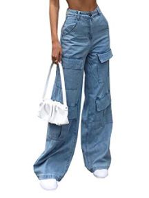 Women's Clothing Women's Jeans Washed Large Pocket Loose Women's Denim Trousers_ecoleips.com