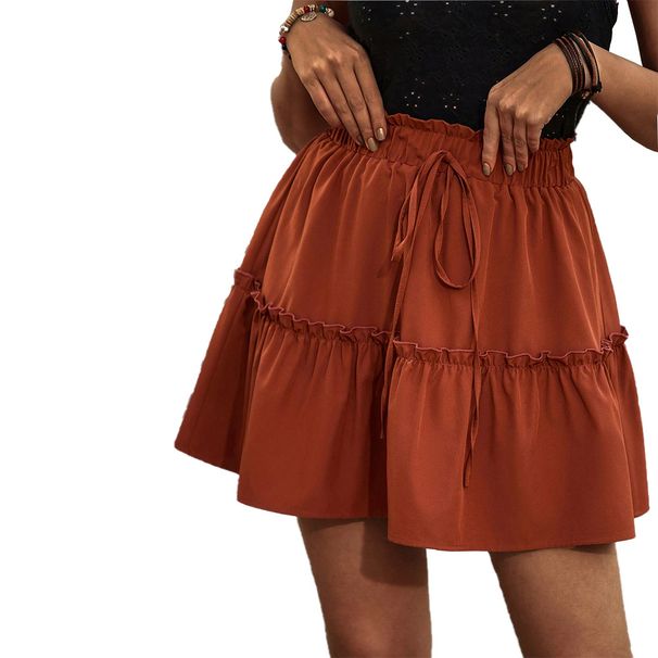 Voya New Women's Fashion Casual Woven Design Half Skirt Pleated Solid Color Cake Short Skirt_ecoleips.com