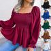 Women's Elegant Chiffon Blouse Square Neck Long Sleeve Ruffled Trim Casual Spring/Summer European American Style Blouse_ecoleips.com