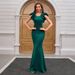Elegant Satin Evening Gown With Flutter Sleeves Stunning Emerald Green & Wine Red Formal Dress For Galas & Parties ( Slim Fit With Waist Draping)_ecoleips.com