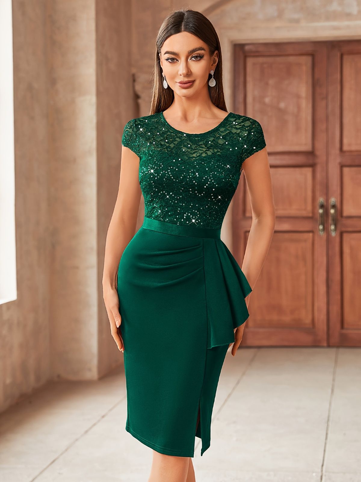 Women's Clothing Elegant Sequined Lace Bodycon Skirt Dress With Slit Slim Fit Style Women's Evening Dress For Formal & Casual For Women_ecoleips.com