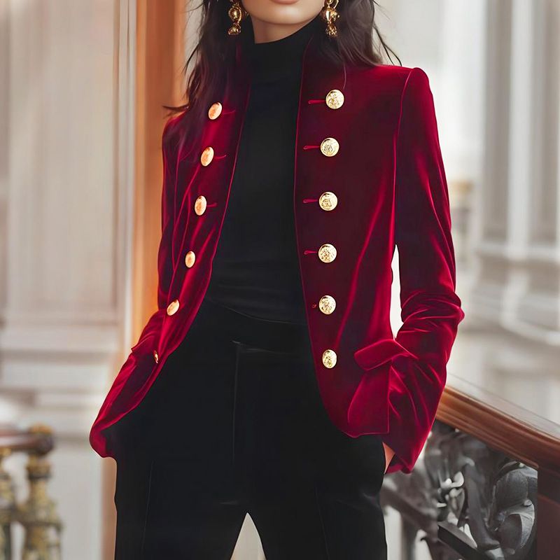 "Double-Breasted Blazer Jacket – Vintage-Inspired Cropped Topcoat With Notched Lapel, Burgundy & Navy For Office & Casual"_ecoleips.com