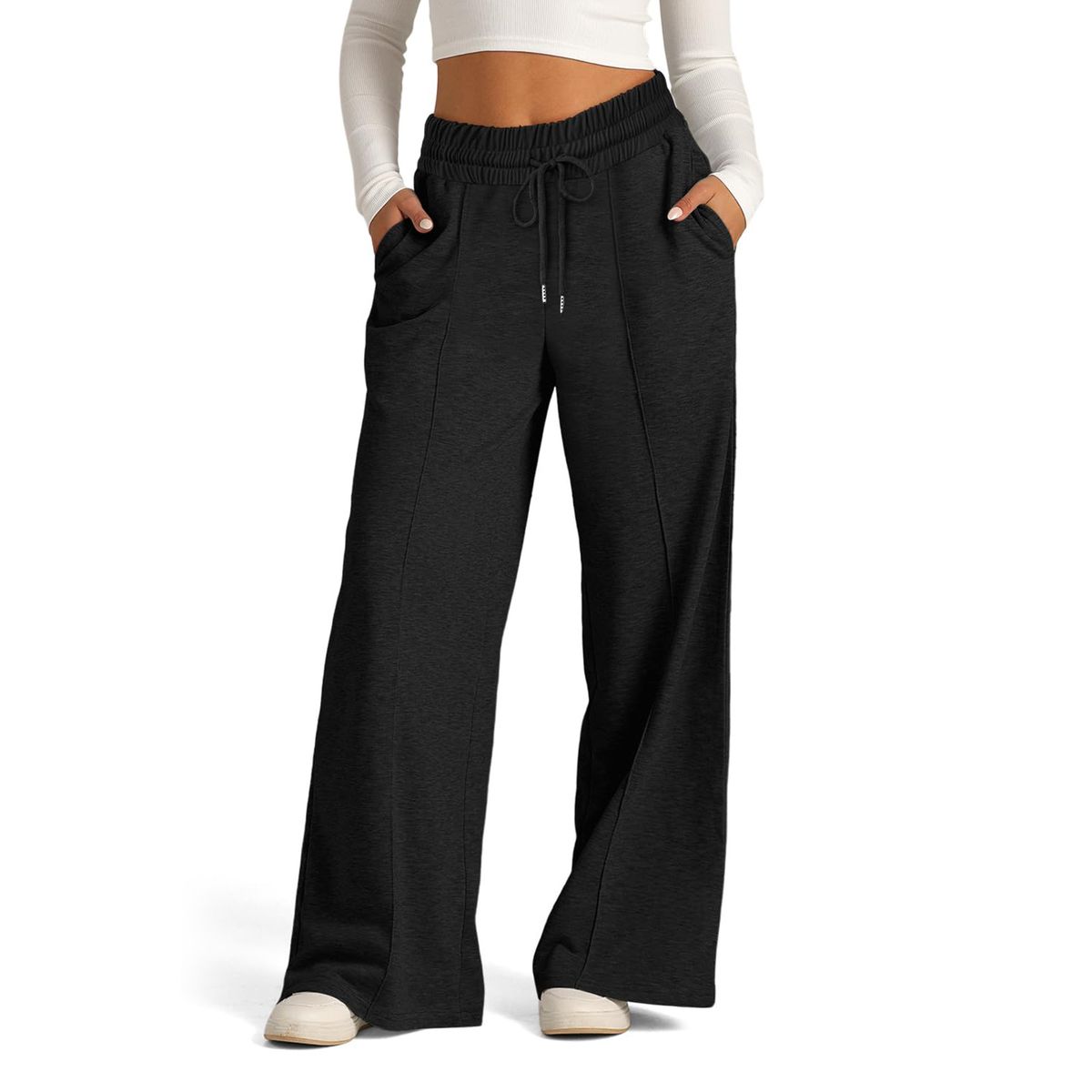 K Women's Drawstring Plain Color Waist-cinching Fashion Wide-leg Casual Trousers_ecoleips.com