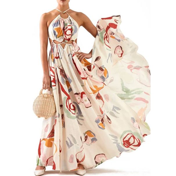 Women's Clothing New Slim-Fit Large Sling Stitching Printed Beach Dress_ecoleips.com