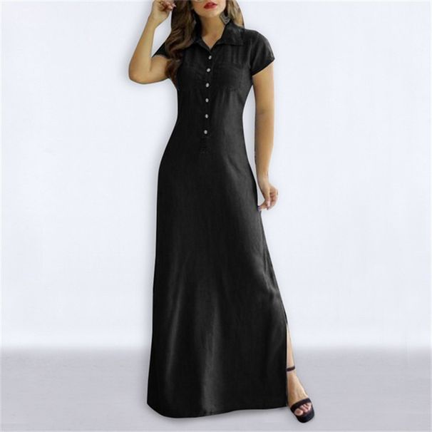 Women's Clothing Women's Long Skirt Shirt Collar Slit Big Swing Skirt Large Size Casual Denim Dress_ecoleips.com