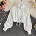 Women's Satin Shirt Unique Design Drawstring Pleated Long Sleeve Slim Fit Short Style Solid Color_ecoleips.com