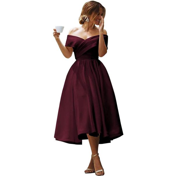 Elegant Satin Wedding Dress Off Shoulder A-Line Bridal Gown Modest & Chicffor Bride, Bridesmaid, Special Occasion (Ivory, Red, Navy, 16 Colors)_ecoleips.com