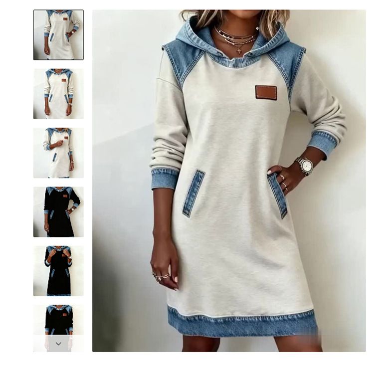 Women's Clothing Contrast Panel Long Sleeve Dress – Sexy Waist-Defining Hooded Midi (S-XXXL, White/Black)_ecoleips.com