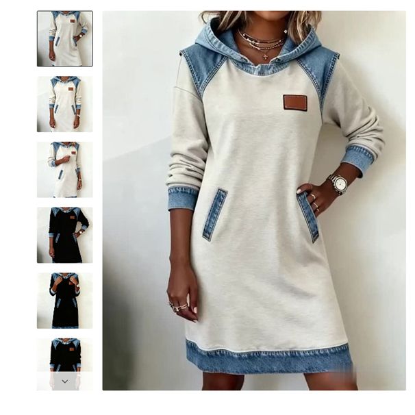 Women's Clothing Contrast Panel Long Sleeve Dress – Sexy Waist-Defining Hooded Midi (S-XXXL, White/Black)_ecoleips.com