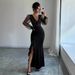 Women's Clothing Knitted Dress Elegant Sexy V Neck High Waist Slim Fit Sequined Splicing Elastic Long Skirt_ecoleips.com