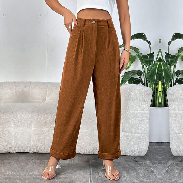 Voya 2026 New Model For Foreign Trade:Women's European And American Women's Clothing, High-Waisted Corduroy Casual-style Straight-leg Long Pants_ecoleips.com