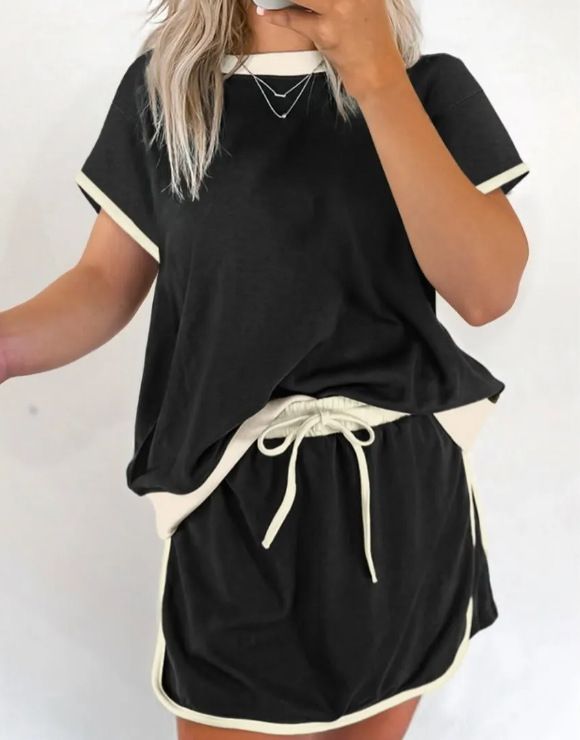 Summer Women's Color Block Drop Shoulder T-Shirt Skirt And Pants Set Style_ecoleips.com