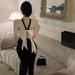 French Style Stunning Black Bow Sexy Bodycon Off-Shoulder Halter Neck For Women Summer High-End Long Dress_ecoleips.com