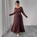 Women's Autumn Winter Brown Dress – Plus Size Long Sleeve Wrap Waist Ruffle Maxi Dress_ecoleips.com