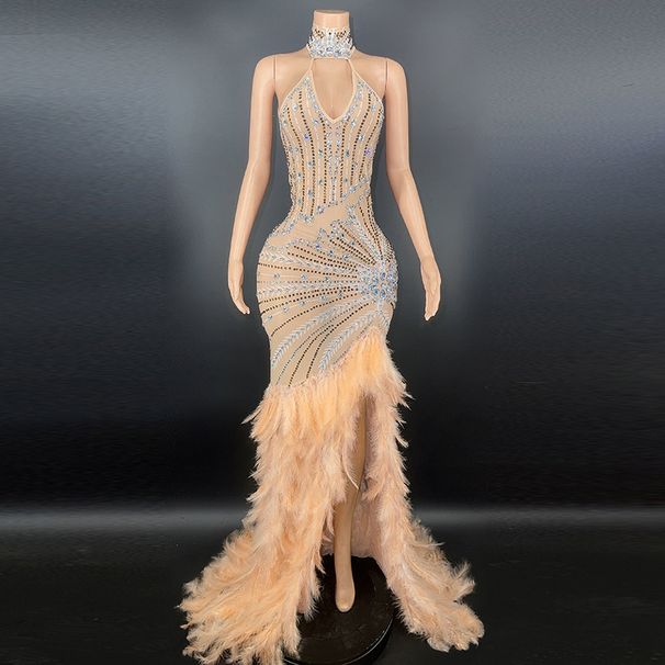 Women's Clothing High Quality Long Sleeve Rhinestone Dress Split Club Luxury Feather Long Dress_ecoleips.com