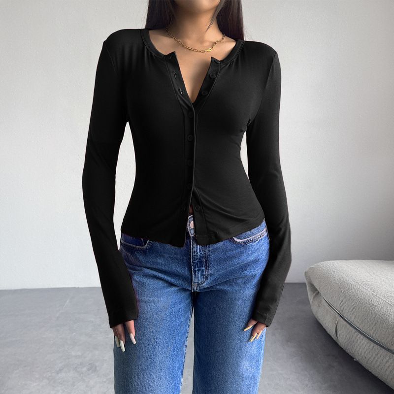 Autumn And Winter Women's Top Y2k Solid Color Fitted Cardigan Button Long-Sleeved T-Shirt_ecoleips.com
