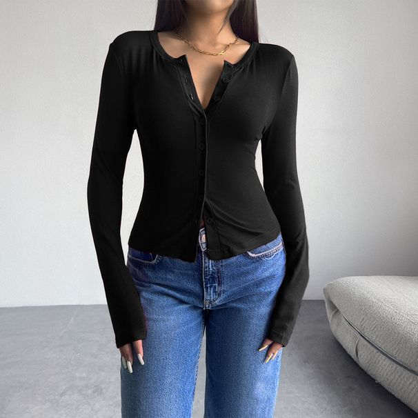 Autumn And Winter Women's Top Y2k Solid Color Fitted Cardigan Button Long-Sleeved T-Shirt_ecoleips.com