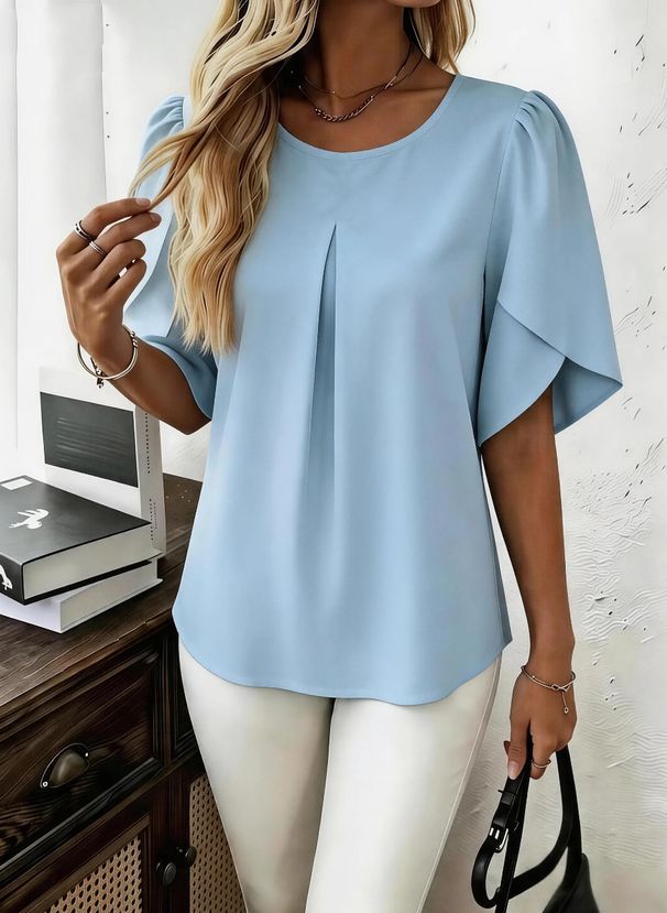 Flutter Sleeve Blouse For Women - Flattering Casual Shirt With Round Neck, Lightweight Polyester Top In Soft Colors_ecoleips.com