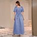 Elegant Women's Dress With Cinched Waist, Lantern Sleeves And Three-Dimensional Embroidered Flowers_ecoleips.com