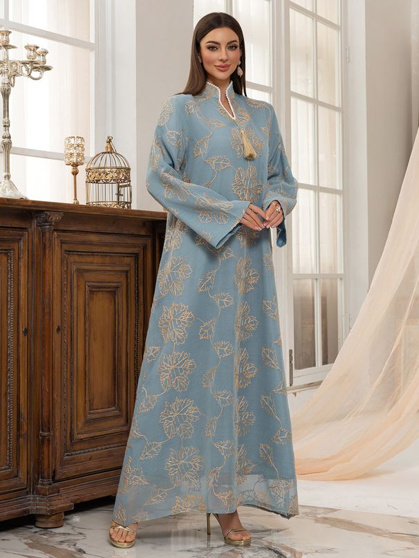 Muslim Dress Women "Elegant Jalabiya Dress With Tassel & Leaf Embroidery – Modest Muslim Long Robe With Mesh Detailing (Blue/White, M-XL)"_ecoleips.com