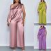 Women's Clothing Summer Casual Women's Satin Suit Oblique Collar Short Sleeved Top Trousers Suit_ecoleips.com