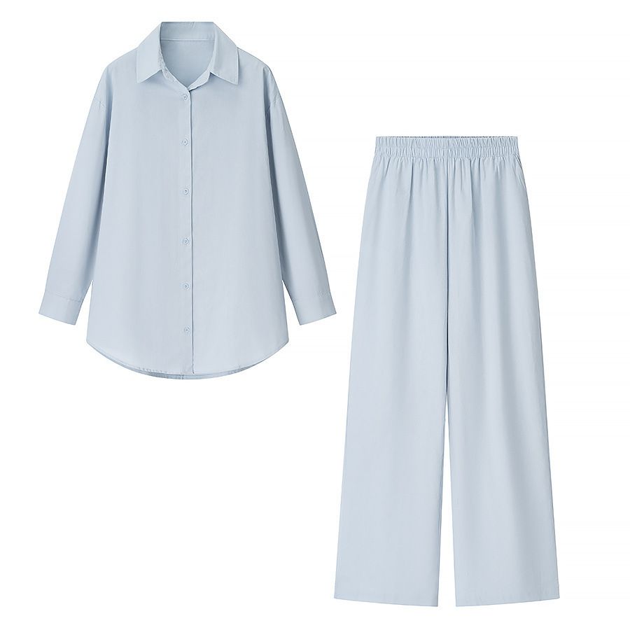 Women's Clothing Effortless Elegance: Loose Lapel Shirt & Wide-Leg Trousers Set – Bluish (S/M/L)_ecoleips.com