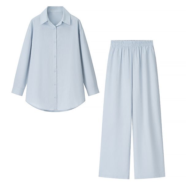 Women's Clothing Effortless Elegance: Loose Lapel Shirt & Wide-Leg Trousers Set – Bluish (S/M/L)_ecoleips.com