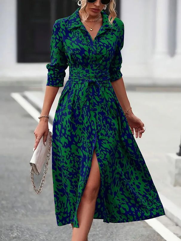 Women's Floral Print A-Line Button Down Long Sleeve Dress With Waist Tie - Mixed Colors, Green, Navy Blue (S-5xl)_ecoleips.com