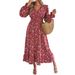 2026 Spring/Summer European And American Elegant Floral Cross V-Neck Waist-Cinching Ruffle Long Dress Independent_ecoleips.com