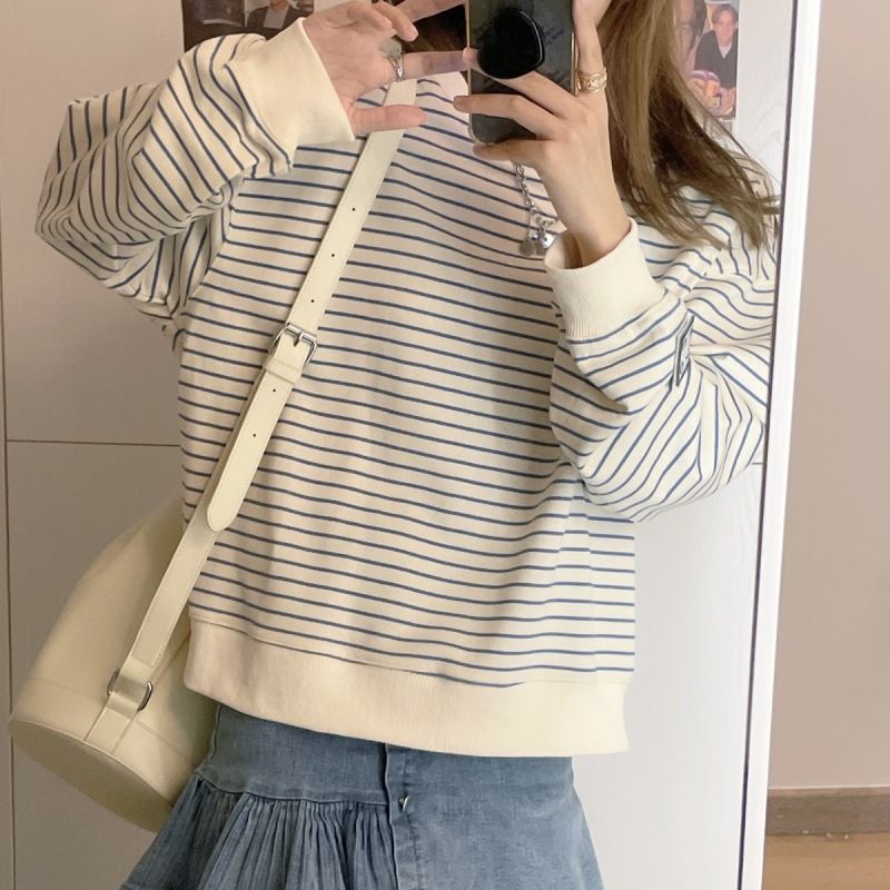 Sweatshirt For Autumn Loose Design Striped Top, Crew Neck Pullover, Long Sleeve T-Shirt_ecoleips.com