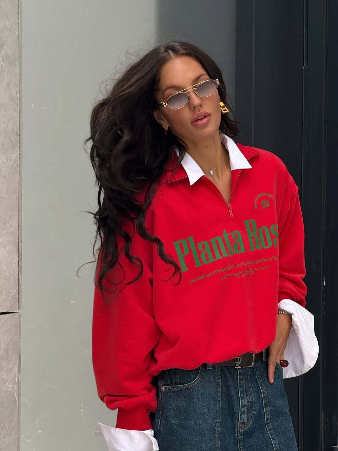 Women's Oversized Slim-Fit Long Sleeve Half-Zip Hoodie - Red Letter Print, Trendy & Breathable Cotton Blend_ecoleips.com