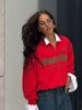 Women's Oversized Slim-Fit Long Sleeve Half-Zip Hoodie - Red Letter Print, Trendy & Breathable Cotton Blend_ecoleips.com