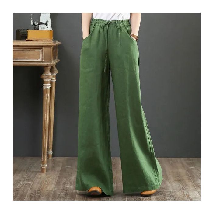 Suitable For All Seasons 2025 Spring Summer Literary Cotton Linen Feel Women's Loose Plus Size Wide Leg High Waist Floor-Length Long Pants_ecoleips.com