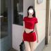 Red Slim Fit Off-Shoulder T-Shirt Top Sexy Hot Girl Outfit Women Summer Bodycon Short Skirt Nightclub Two-Piece Set_ecoleips.com