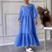 Women’s Clothing Summer Women's Round Neck Gathered Long Sleeves Drawstring Back Tie Solid Color Casual Dress_ecoleips.com