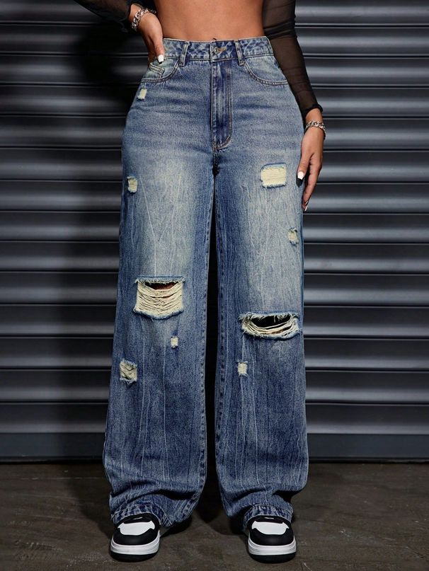 Women's Relaxed Straight-Leg Distressed Jeans – Vintage Washed Denim, Comfortable & Stylish_ecoleips.com