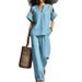 Women's Linen-Blend Distressed V-Neck Two-Piece Set Relaxed Casual Top And Shorts Outfit_ecoleips.com