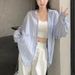 Women's Clothing Blue Striped Polo Collar Long Sleeved Shirt For Women Thin Spring And Autumn Lazy Style Loose Sun Proof Shirt Mid Length Top_ecoleips.com