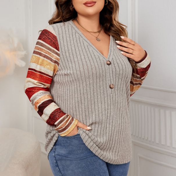 "Plus Size V-Neck Striped Patchwork Blouse – Stylish Long-Sleeve Shirt For Women (1XL-4XL)"_ecoleips.com