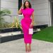 K Women's New Fashionable Short Sleeved Solid Color Pleated Fringed Slim Fit Mid Length Dress_ecoleips.com