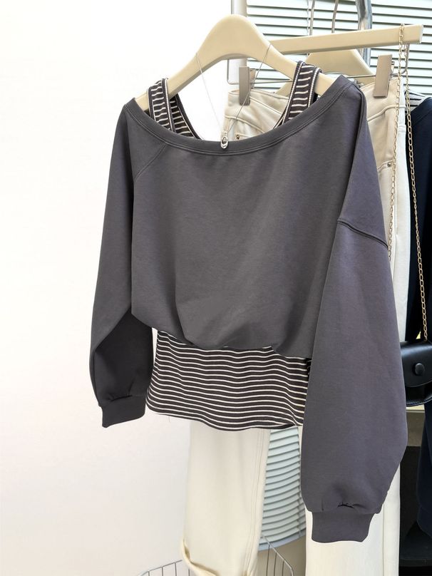 real Shot Of A Two-piece Striped Patchwork Long-sleeve Off-shoulder Women's Jacket, New Loose-fitting_ecoleips.com