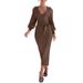 Women’s Elegant Knit Dress – Vintage-Inspired V-Neck Lantern Sleeve Midi Dress (High Waist, Belted Waist, Soft Rayon Blend)_ecoleips.com