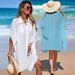 Beach Cover-Up Shirt Dress Lightweight Sheer Polo Collar Tunic Breezy Short Sleeve Swimwear One Size 4 Colors_ecoleips.com