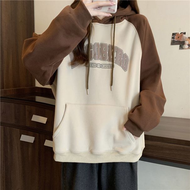 American-style Real-shot Color-blocking Raglan Long-sleeve Hooded Sweatshirt Women, Spring And Autumn Thin Loose-fit_ecoleips.com