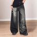 European And American Street Fashion Retro Dark Print Color-blocking Low-waist Loose Straight Washed Distressed Casual_ecoleips.com