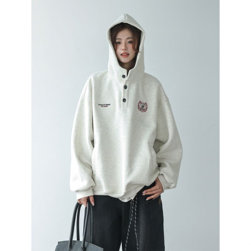 Gray Fashionable Buttoned Hooded Sweatshirt For Women 2025 New Popular Autumn/Winter American Style Loose Fleece-Lined_ecoleips.com