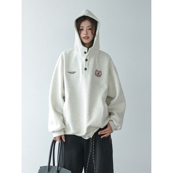 Gray Fashionable Buttoned Hooded Sweatshirt For Women 2025 New Popular Autumn/Winter American Style Loose Fleece-Lined_ecoleips.com